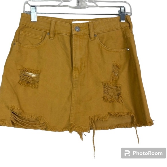 PacSun Dresses & Skirts - PACSUN Distressed Denim Mini Skirt Women Size 26 Gold Raw Hem 100% Cotton